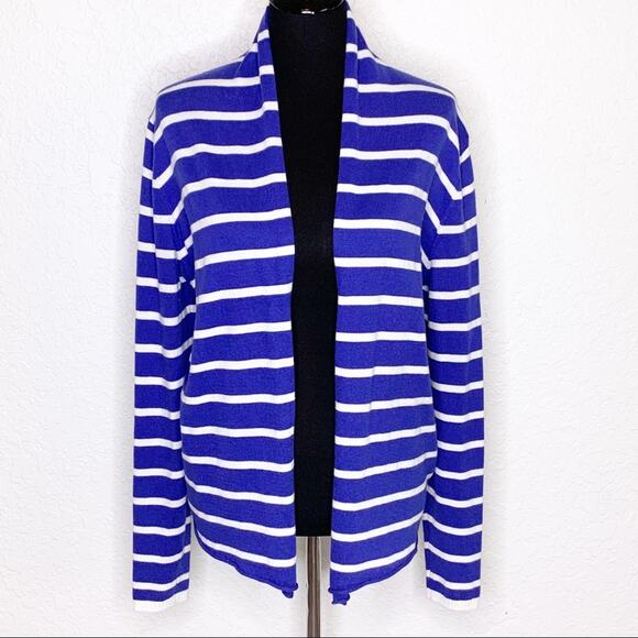 White + Warren blue white striped open front cardigan sweater size Large - Picture 1 of 11
